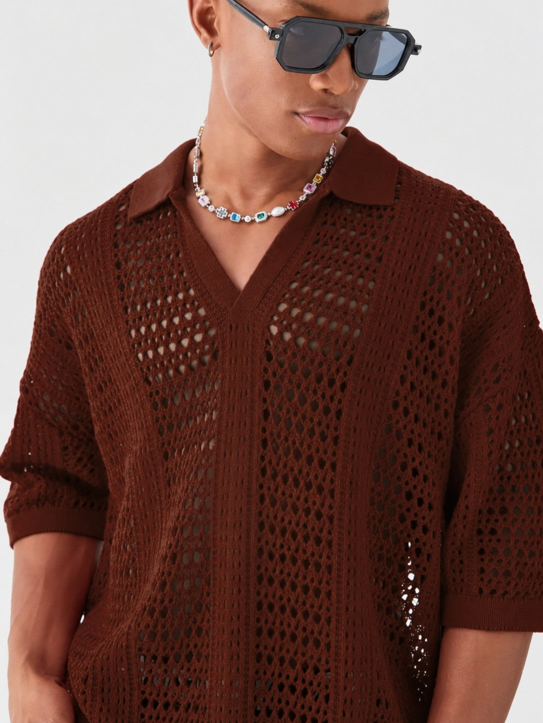 Tricou polo tricotat ajurat cu model romb