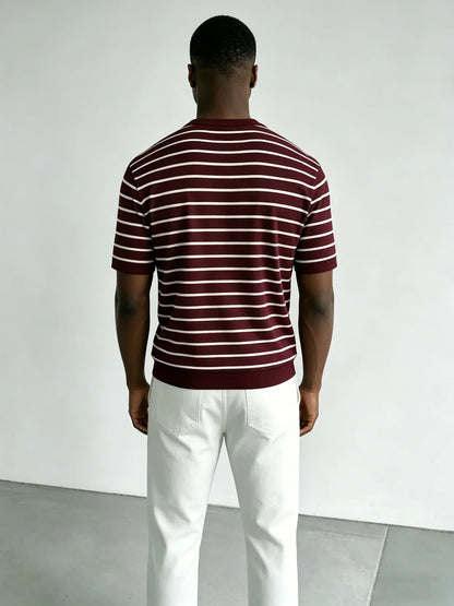 T-shirt de malha às riscas para homem, com gola redonda, cor bordeaux