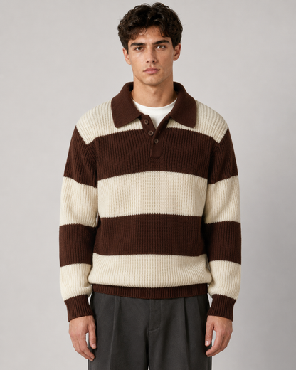 Men's Ribbed Knitted Striped Polo Sweater Chocolate Brown