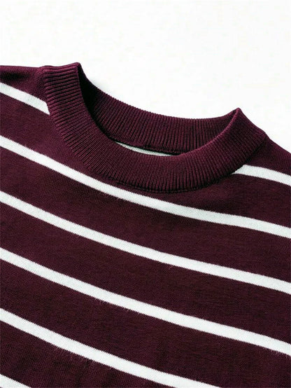 T-shirt de malha às riscas para homem, com gola redonda, cor bordeaux
