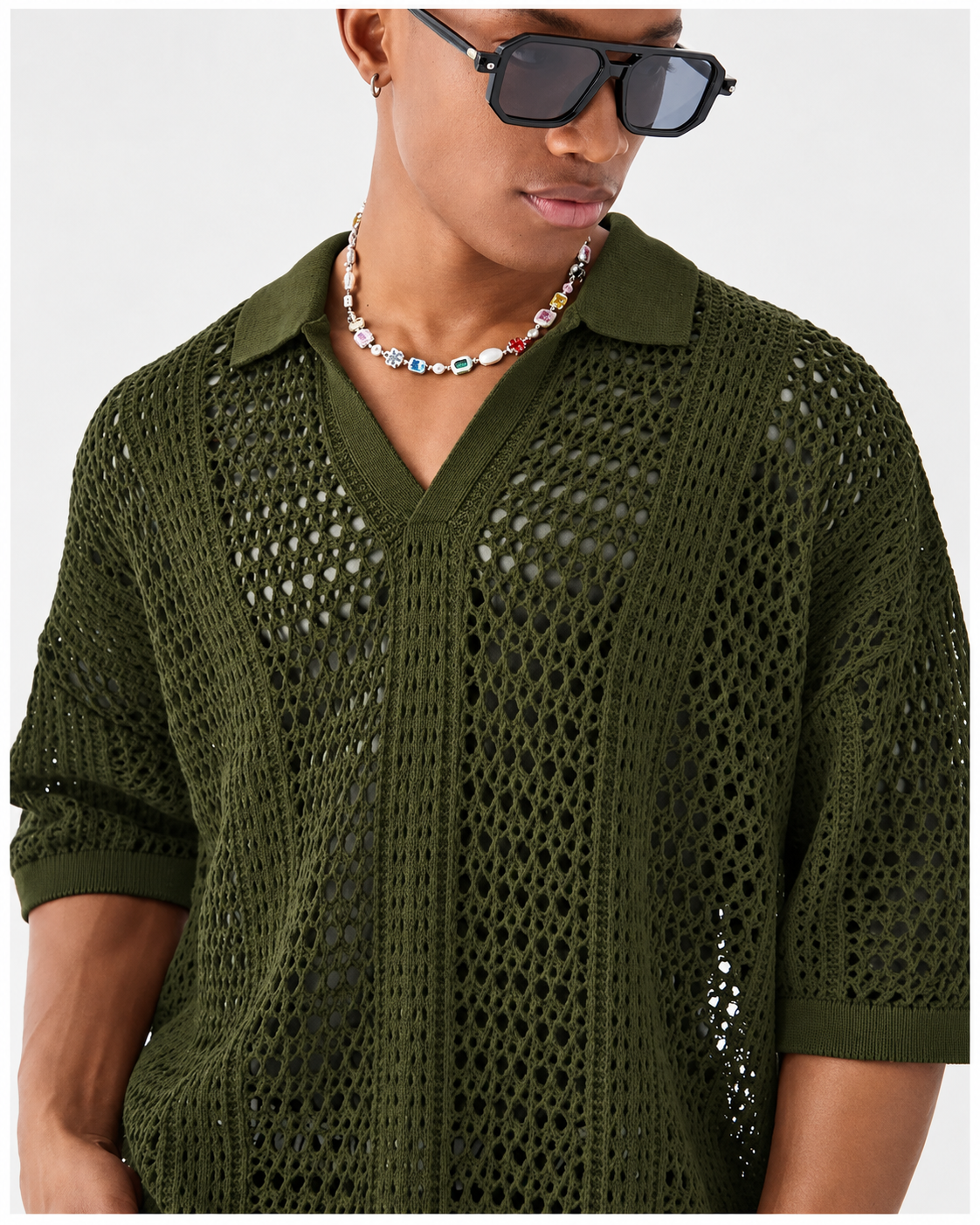 Tricou polo tricotat ajurat cu model romb