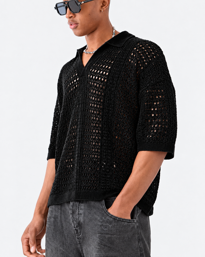 Tricou polo tricotat ajurat cu model romb