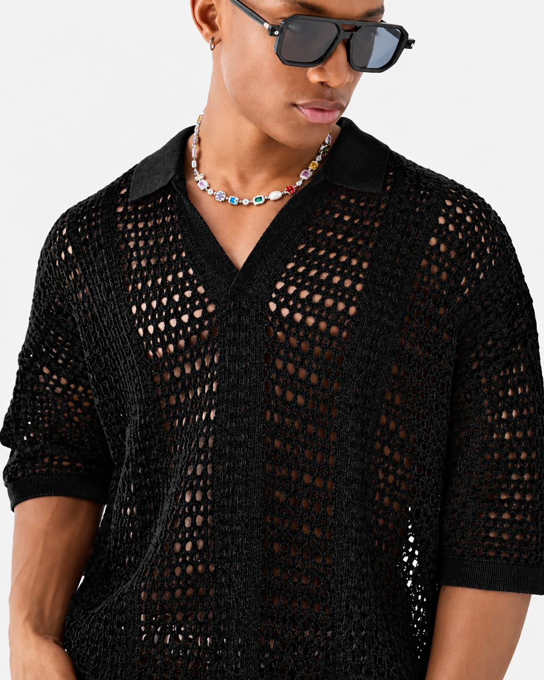 Tricou polo tricotat ajurat cu model romb