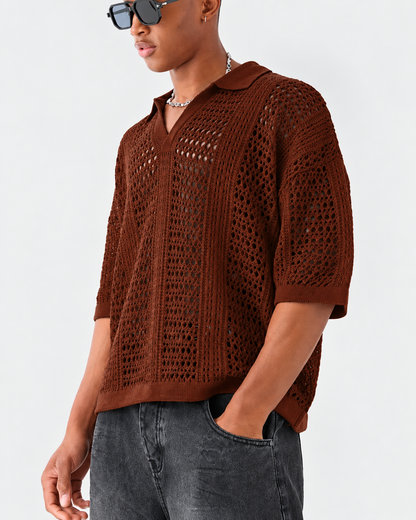 Tricou polo tricotat ajurat cu model romb