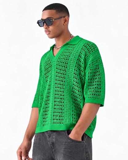 Tricou polo tricotat ajurat cu model romb