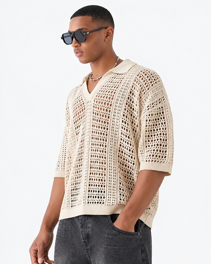 Tricou polo tricotat ajurat cu model romb