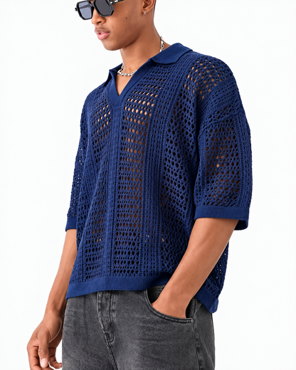 Tricou polo tricotat ajurat cu model romb