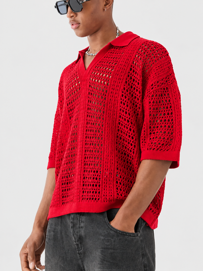 Tricou polo tricotat ajurat cu model romb
