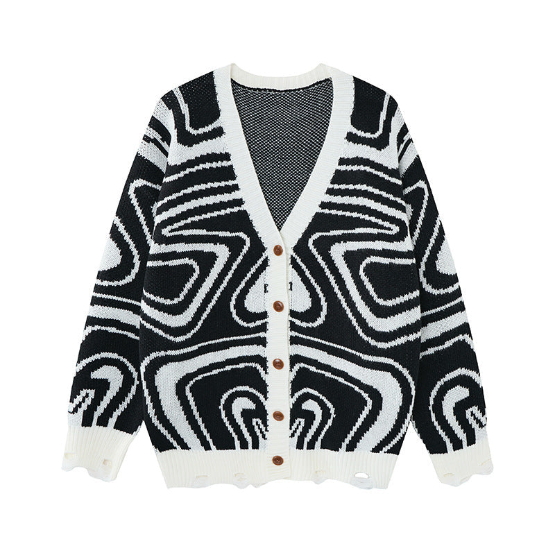 Unisex oversize megztas kardiganas su abstrakčiu sūkurių raštu