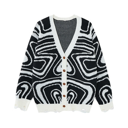 Unisex oversize megztas kardiganas su abstrakčiu sūkurių raštu
