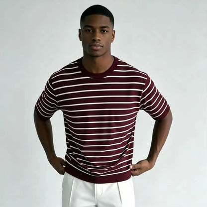 T-shirt de malha às riscas para homem, com gola redonda, cor bordeaux