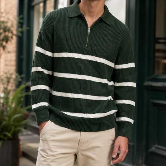 Ribstrikket sweater med halvlukning, lynlås og krave