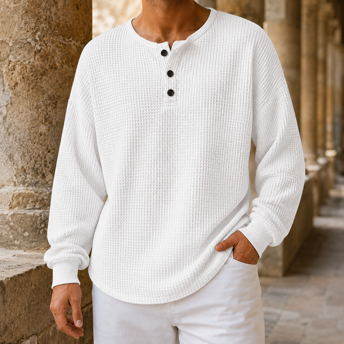 Camisola de malha tipo waffle, de corte descontraído, com carcela de botões