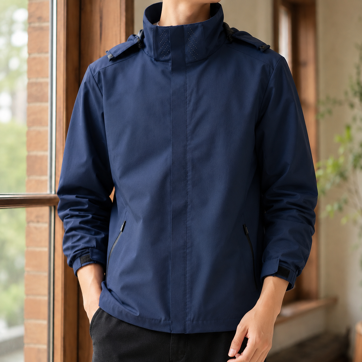 Gewebte Jacke mit Kapuze und hohem Kragen