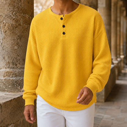 Camisola de malha tipo waffle, de corte descontraído, com carcela de botões