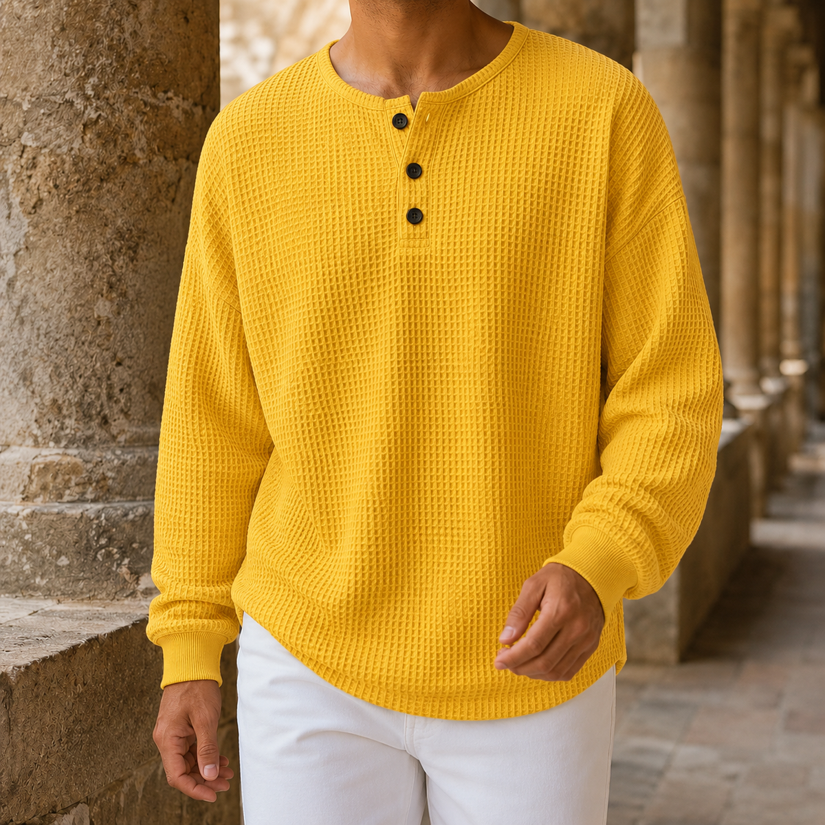 Camisola de malha tipo waffle, de corte descontraído, com carcela de botões