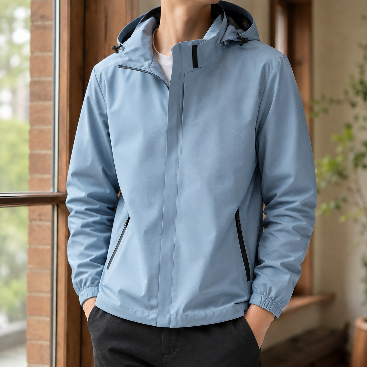 Gewebte Jacke mit Kapuze und hohem Kragen