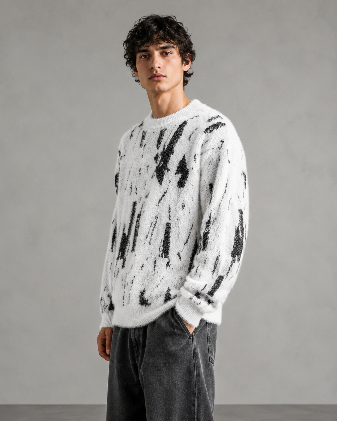Abstrakt strikket genser for menn med lodden, avslappet passform