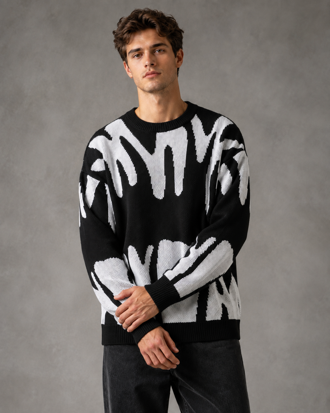 Camisola de malha com padrão abstrato e ombros descaídos, para homem