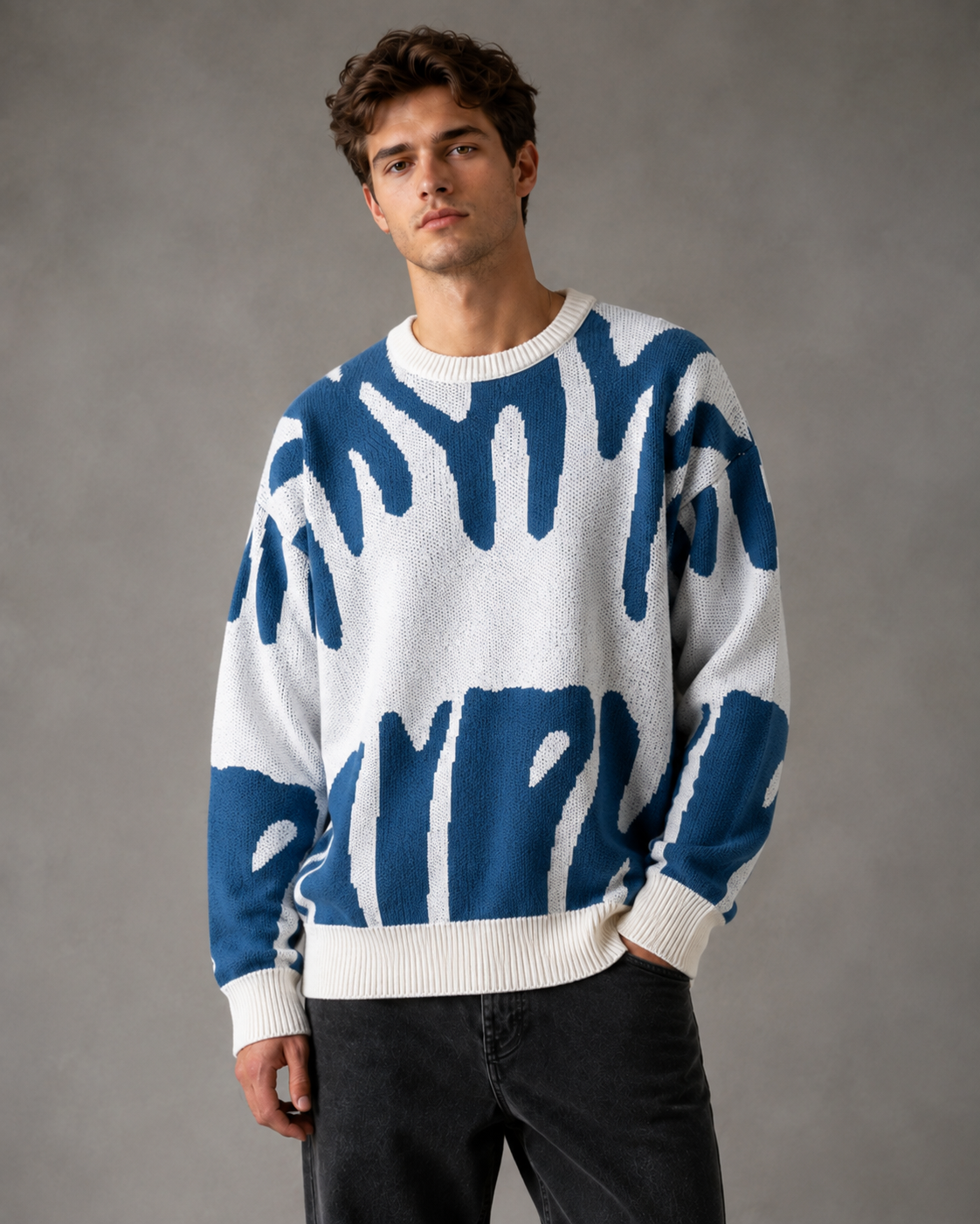 Camisola de malha com padrão abstrato e ombros descaídos, para homem