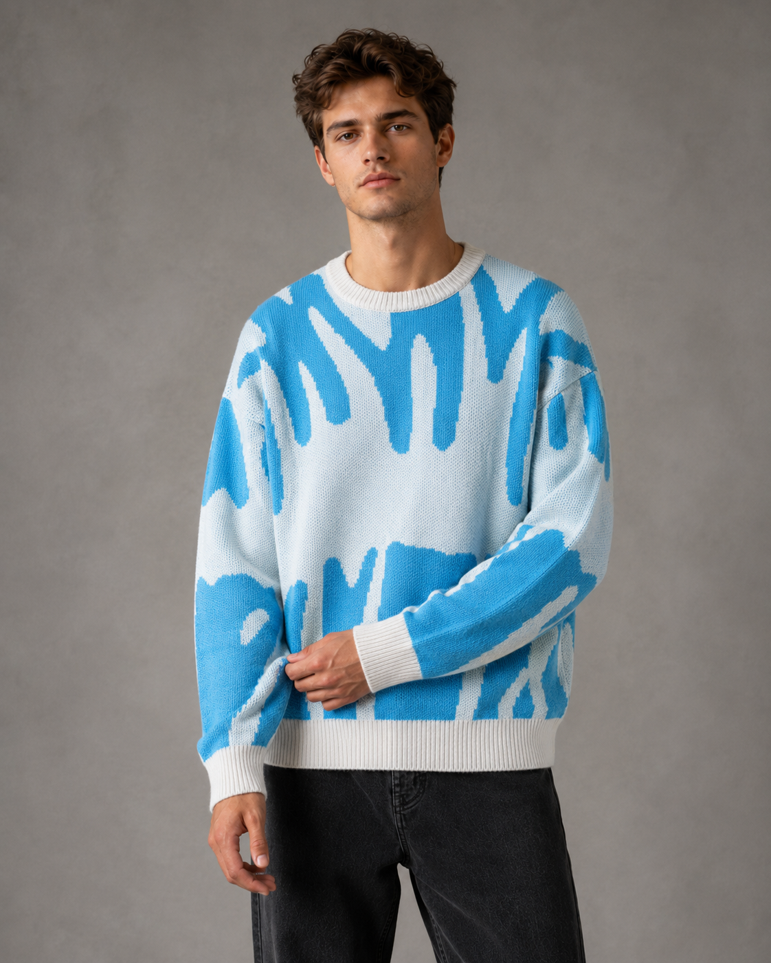 Camisola de malha com padrão abstrato e ombros descaídos, para homem