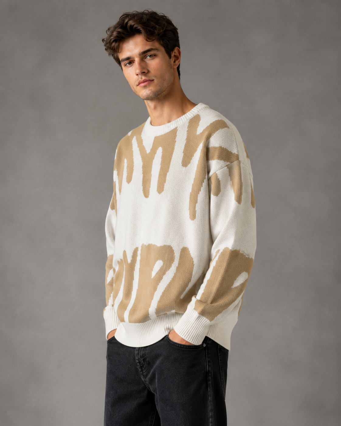 Camisola de malha com padrão abstrato e ombros descaídos, para homem