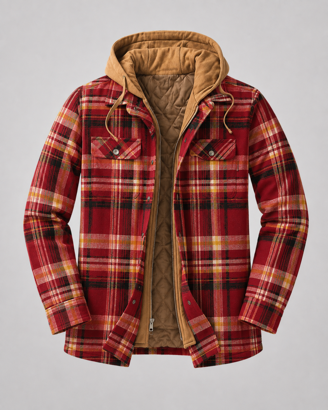 Ανδρικό καρό shacket με κουκούλα, καπιτονέ επένδυση και φερμουάρ μπροστά
