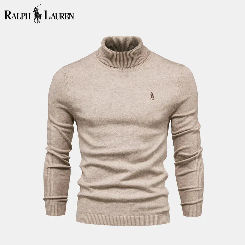 RL gerippter Wollpullover mit Rollkragen und Zopfmuster